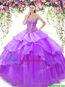 Sleeveless Organza Floor Length Lace Up Quinceanera Gowns in Lavender for with Beading and Ruffled Layers
