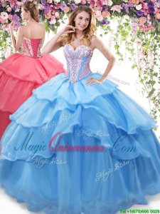 On Sale Baby Blue Ball Gowns Sweetheart Sleeveless Organza Floor Length Lace Up Beading and Ruffled Layers Ball Gown Prom Dress