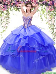 Organza Sweetheart Sleeveless Lace Up Beading and Ruffled Layers 15 Quinceanera Dress in Blue