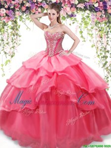 Chic Floor Length Lace Up 15th Birthday Dress Coral Red and In for Military Ball and Sweet 16 and Quinceanera with Beading and Ruffled Layers