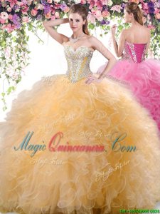 Sleeveless Floor Length Beading and Ruffles Lace Up 15th Birthday Dress with Gold