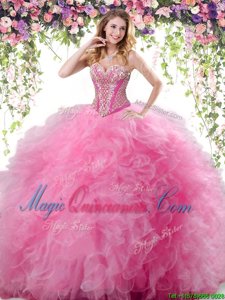 Fine Sweetheart Sleeveless Quince Ball Gowns Floor Length Beading and Ruffles Rose Pink Tulle