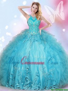 Clearance Halter Top Floor Length Aqua Blue 15th Birthday Dress Tulle Sleeveless Beading and Appliques