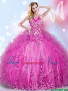 Halter Top Hot Pink Tulle Lace Up Quinceanera Dresses Sleeveless Floor Length Beading and Appliques and Ruffles