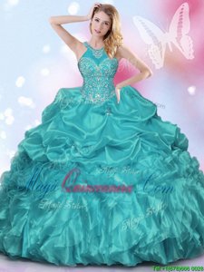 Luxurious Halter Top Pick Ups Floor Length Ball Gowns Sleeveless Teal and Turquoise Quinceanera Dress Lace Up