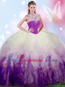 Charming Beading and Ruffles Sweet 16 Dress White And Purple Zipper Sleeveless Floor Length