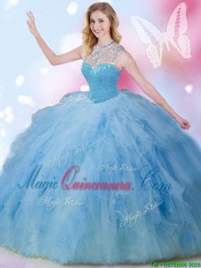 Sequins Floor Length Blue Quinceanera Gown High-neck Sleeveless Zipper