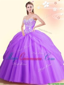 Hot Sale Sleeveless Floor Length Beading Lace Up Ball Gown Prom Dress with Lilac