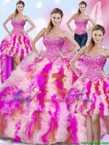 Hot Selling Four Piece Multi-color Tulle Lace Up Quinceanera Gown Sleeveless Floor Length Beading and Ruffles