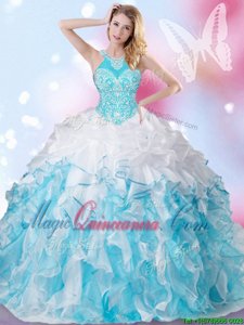 Attractive Blue And White Organza Lace Up Halter Top Sleeveless Floor Length Quinceanera Gowns Beading and Ruffles and Pick Ups