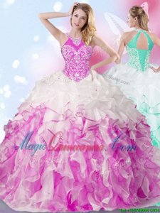Designer Halter Top Floor Length Lace Up Quinceanera Dress White and Fuchsia and In for Military Ball and Sweet 16 and Quinceanera with Beading and Ruffles and Pick Ups