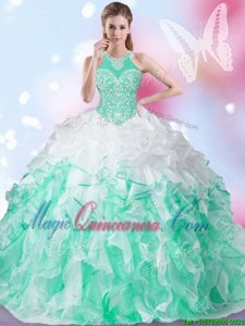White and Green Halter Top Neckline Beading and Ruffles and Pick Ups Quinceanera Gown Sleeveless Lace Up