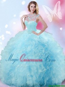 Floor Length Zipper Quinceanera Dresses Light Blue and In for Military Ball and Sweet 16 and Quinceanera with Beading and Ruffles and Pick Ups
