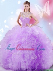 Cheap High-neck Sleeveless Tulle Sweet 16 Dress Beading and Ruffles and Sequins Zipper