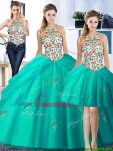 Three Piece Turquoise Ball Gowns Tulle Halter Top Sleeveless Embroidery and Pick Ups Floor Length Lace Up Quinceanera Gown