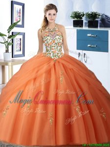 Tulle Halter Top Sleeveless Lace Up Embroidery and Pick Ups 15th Birthday Dress in Orange