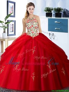 Sweet Halter Top Tulle Sleeveless Floor Length Vestidos de Quinceanera and Embroidery and Pick Ups