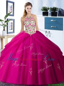 Halter Top Sleeveless Floor Length Embroidery and Pick Ups Lace Up 15 Quinceanera Dress with Fuchsia