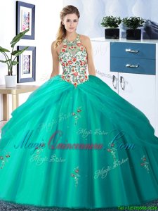 Sexy Halter Top Floor Length Turquoise Vestidos de Quinceanera Tulle Sleeveless Embroidery and Pick Ups