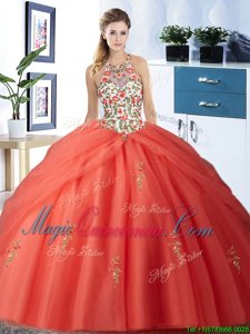 Watermelon Red Halter Top Lace Up Embroidery and Pick Ups Quinceanera Gown Sleeveless