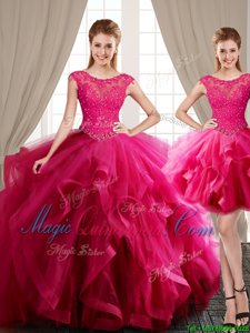 Trendy Three Piece Hot Pink Tulle Lace Up Scoop Cap Sleeves With Train Quinceanera Dresses Brush Train Beading and Appliques and Ruffles