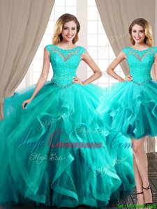 Artistic Three Piece Scoop Cap Sleeves Floor Length Beading and Appliques and Ruffles Lace Up Quinceanera Gown with Aqua Blue Brush Train