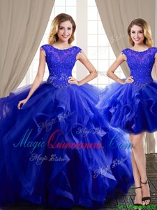 Perfect Three Piece Scoop Cap Sleeves Brush Train Lace Up Sweet 16 Dresses Royal Blue Tulle