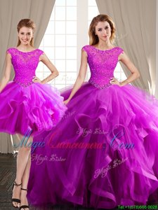 Fashionable Three Piece Scoop With Train Ball Gowns Cap Sleeves Fuchsia Quinceanera Gown Brush Train Lace Up