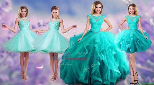 Elegant Scoop Floor Length Ball Gowns Sleeveless Aqua Blue Quinceanera Gowns Lace Up