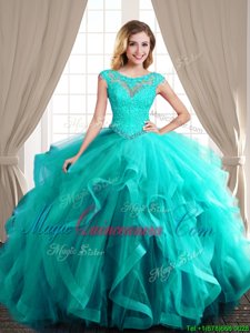 Admirable Scoop Aqua Blue Cap Sleeves Brush Train Beading and Appliques and Ruffles With Train Quinceanera Dresses