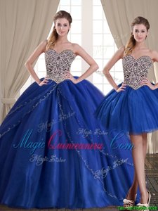 Fantastic Three Piece Tulle Sweetheart Sleeveless Lace Up Beading 15 Quinceanera Dress in Royal Blue