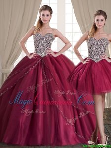 Popular Three Piece Burgundy Sleeveless Floor Length Beading Lace Up Quinceanera Gowns