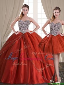 Three Piece With Train Ball Gowns Sleeveless Rust Red Vestidos de Quinceanera Brush Train Lace Up