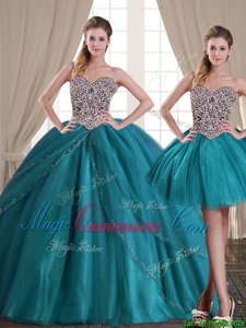 Noble Three Piece Teal Ball Gowns Beading Quinceanera Dress Lace Up Tulle Sleeveless With Train