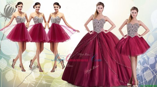 Simple Sleeveless Tulle With Brush Train Lace Up Sweet 16 Quinceanera Dress in Burgundy for with Beading