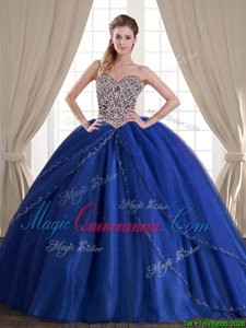 With Train Royal Blue Quinceanera Dress Sweetheart Sleeveless Brush Train Lace Up