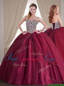 Fancy Brush Train Ball Gowns Quinceanera Gown Burgundy Sweetheart Tulle Sleeveless With Train Lace Up