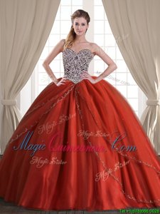 High Class With Train Lace Up Sweet 16 Quinceanera Dress Rust Red and In for Military Ball and Sweet 16 and Quinceanera with Beading Brush Train