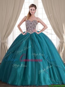 Flare Teal Tulle Lace Up Sweetheart Sleeveless With Train Sweet 16 Dresses Brush Train Beading