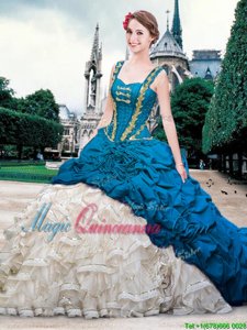 Pick Ups Straps Sleeveless Brush Train Lace Up Sweet 16 Dress Blue And White Organza and Taffeta