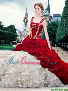 Straps Straps With Train Lace Up 15th Birthday Dress White And Red and In for Military Ball and Sweet 16 and Quinceanera with Beading and Ruffles and Pick Ups Brush Train