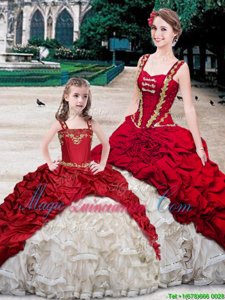 Straps Straps White And Red Sleeveless Brush Train Beading and Ruffles and Pick Ups With Train Quinceanera Gowns