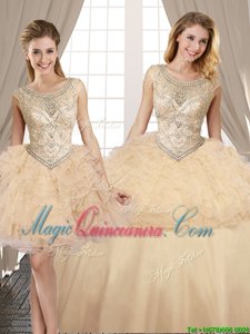 Three Piece Scoop Champagne Lace Up Quinceanera Dresses Beading and Ruffles Sleeveless Floor Length