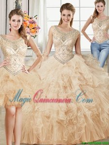 Three Piece Scoop Sleeveless Lace Up Sweet 16 Quinceanera Dress Champagne Tulle