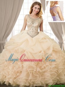 Adorable Scoop Floor Length Champagne Sweet 16 Dresses Organza Sleeveless Beading and Ruffles and Pick Ups