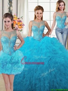 Extravagant Three Piece Baby Blue Lace Up Scoop Beading and Ruffles Quince Ball Gowns Tulle Sleeveless