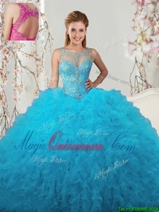 Scoop Sleeveless Tulle Floor Length Lace Up Quinceanera Gowns in Baby Blue for with Beading and Ruffles