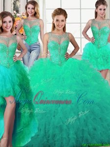 Lovely Four Piece Scoop Turquoise Sleeveless Floor Length Beading and Ruffles Lace Up 15th Birthday Dress