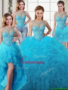 Four Piece Scoop Baby Blue Lace Up Quinceanera Dress Beading and Ruffles Sleeveless Floor Length