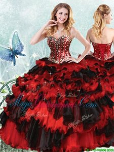 Sumptuous Sequins Ruffled Black and Red Sleeveless Organza Lace Up Sweet 16 Dresses for Military Ball and Sweet 16 and Quinceanera